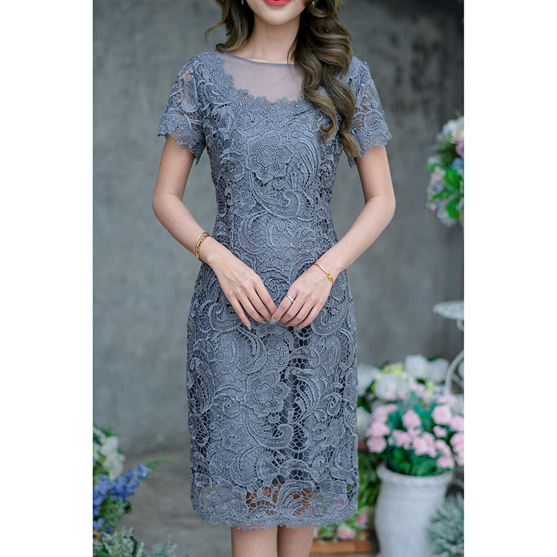 kudapy เดรสสั้นสีชมพู/สีเทา ลูกไม้เงา ทอลายสวย ใช้ลูกไม้เนื้อดีทอลายแน่น ดีไซน์ชุดเก๋แบบคว้านคอแต่งซีทรูช่วงอก