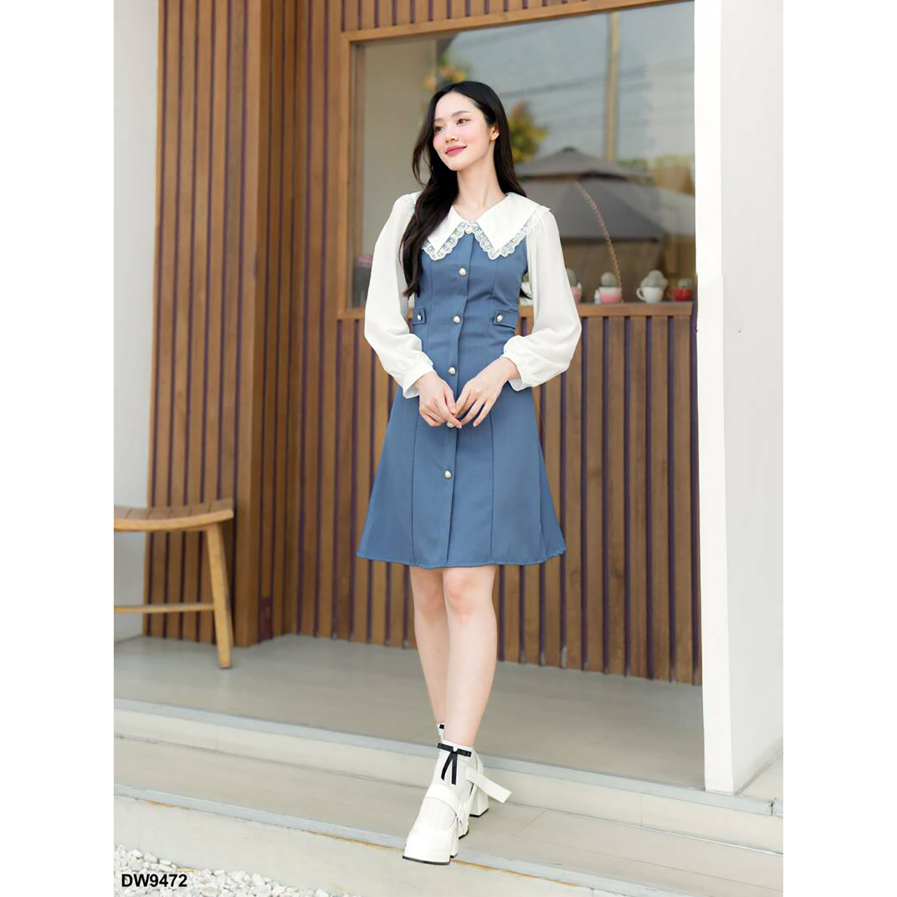 kudapy เดรสสั้นสีชมพู/สีน้ำเงินคราม คอปกผ้าพื้นแขนยาว