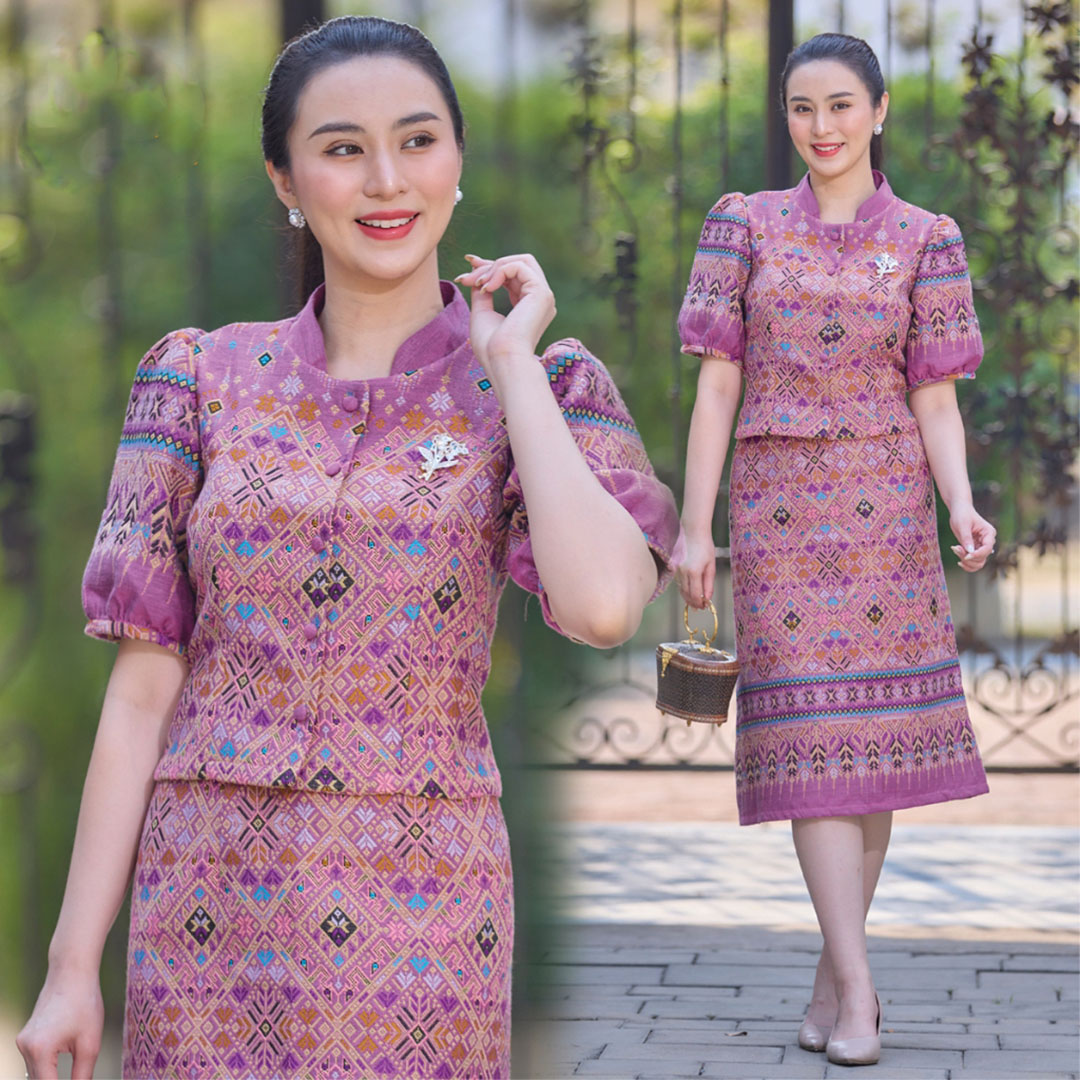 kudapy ชุดเซ็ทสีม่วง เสื้อคอจีน ผ้าทอลายไทย อัดกาวทั้งชุด ชุดออกงา เนื้อเบาสบาย ทรงคุณค่า