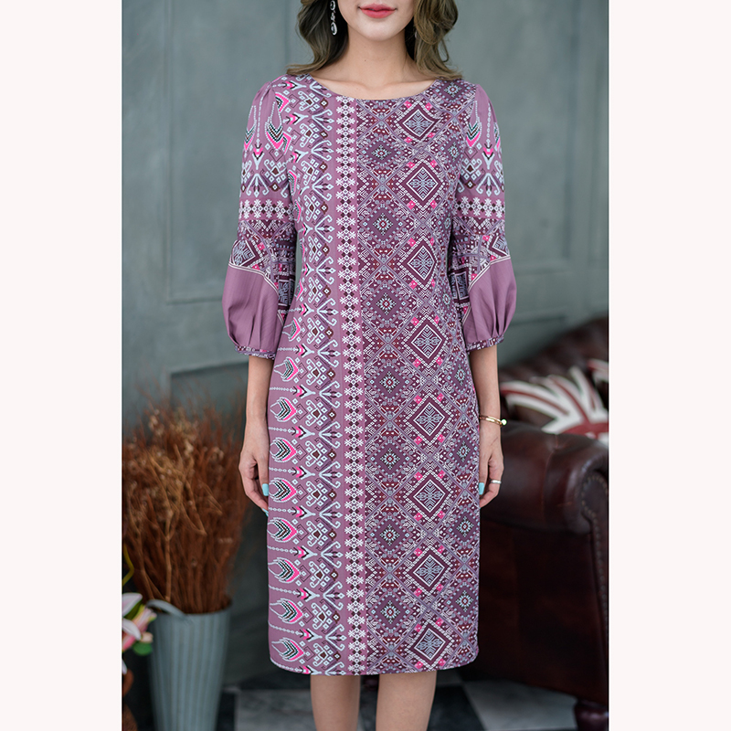 kudapy เดรสสั้นสีน้ำเงิน/สีม่วงกะปิ พิมพ์ลายไทย งานเนื้อผ้านิ่มใส่สบายค่ะ ใส่ทดแทนผ้าไทยเนื้อจะเบาไม่อึดอัด