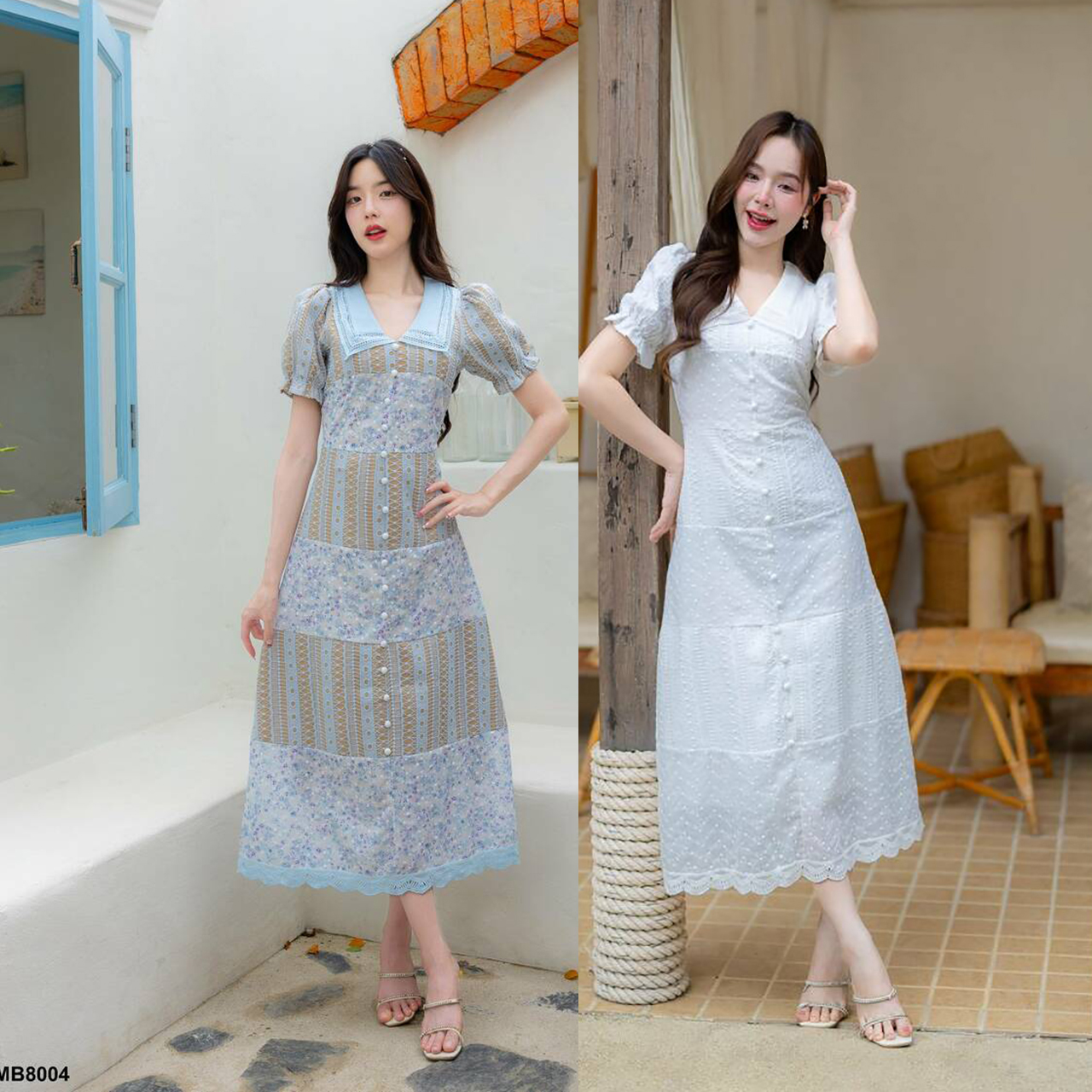 kudapy เดรสยาวสีขาว/สีฟ้า คอปกผ้าลายปักกระโปรงยาว ใส่สบายสวยดูดี