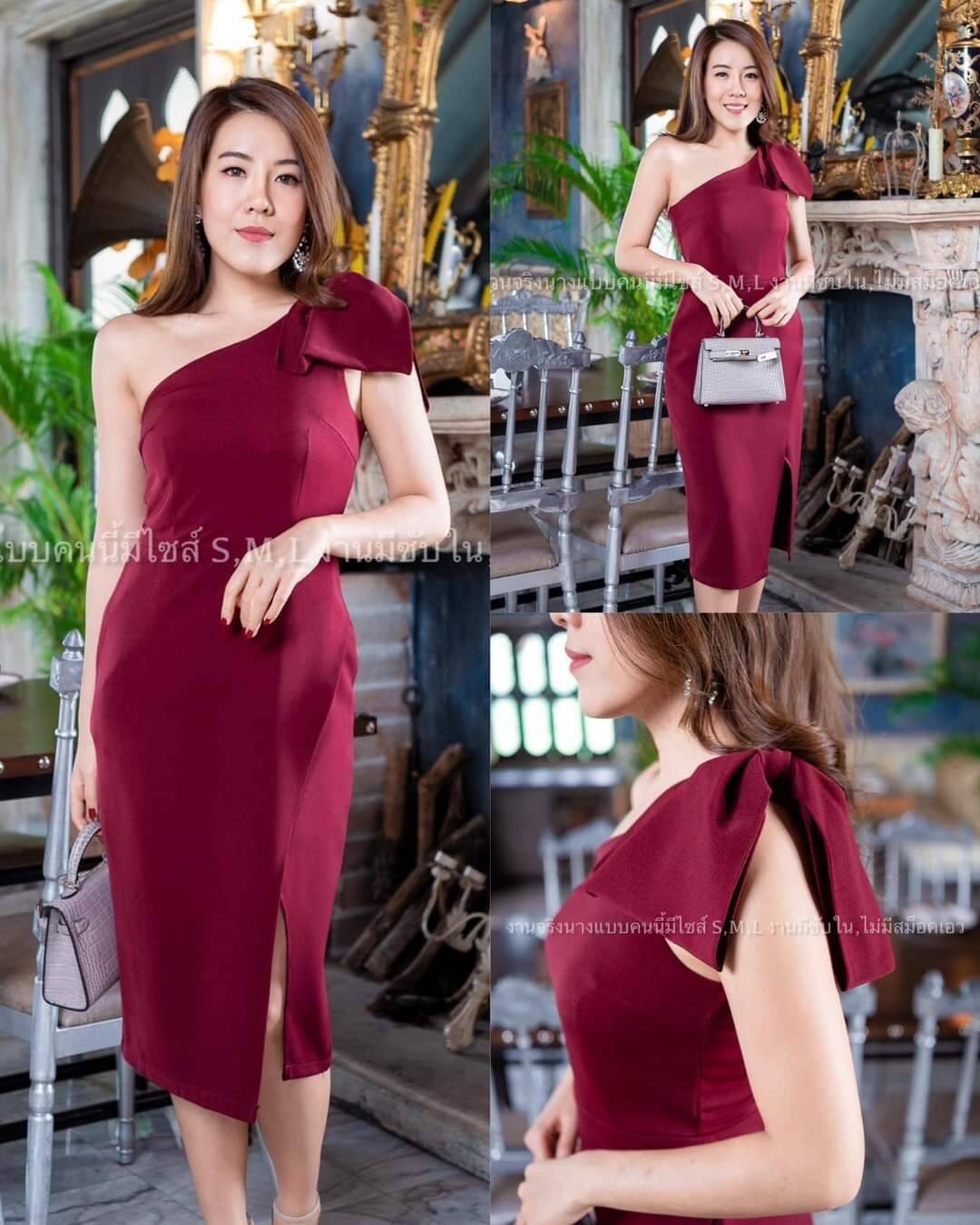 kudapy ชุดเดรสสั้นไปงานไหล่เฉียงแต่งโบว์ที่ไหล่ 1 ด้าน กปสั้น ผ้าฮานาโกะยืดหยุ่นได้ดีค่ะ สีเขียว ,โอวัลติน ,ชมพู ,กรมท่า ,แดงเลือดหมู ,เทา ,ชมพูกลับบัว