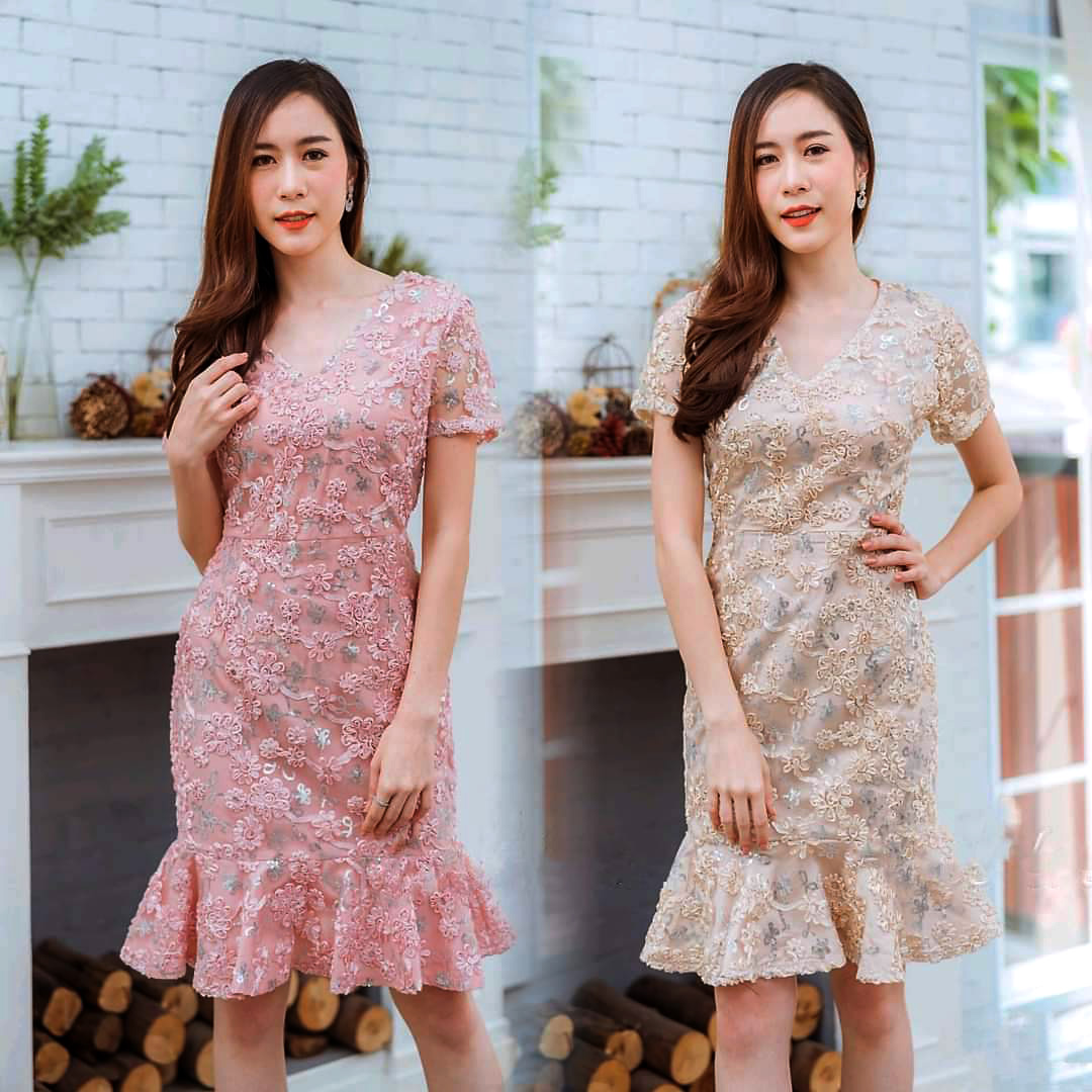 kudapy ชุดเดรสสั้นไปงานคอวีสีครีมทอง/สีชมพูพริ้งโกลด์ เดรสแขนสั้นทรงหางปลา ซับใน ซิบหลัง