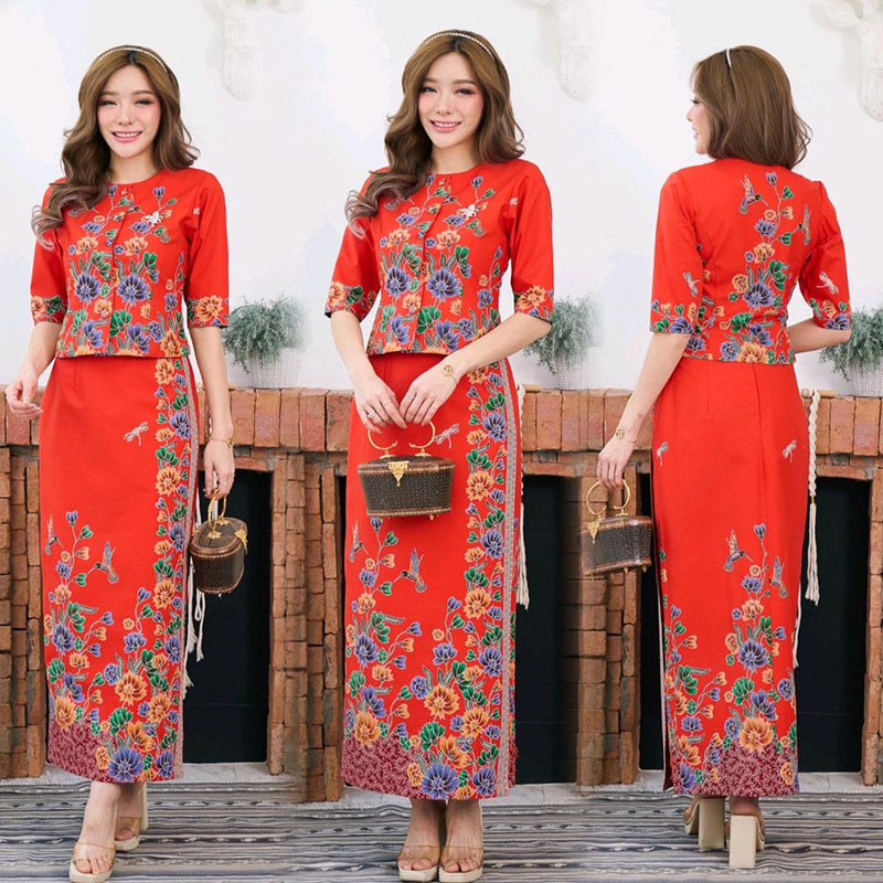 kudapy ชุดเซทลายดอกไม้สีขาว/สีแดง ชุดใส่ออกงาน ไปงานสวยดูดี