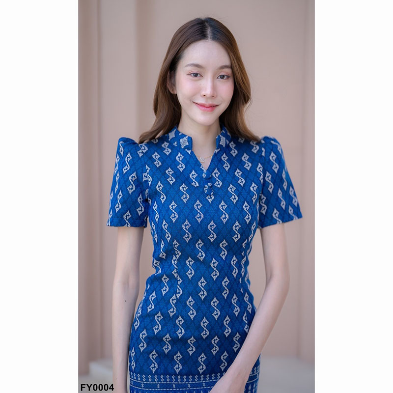 kudapy เดรสสั้นสีเทา/สีกรม/สีชมพู ผ้าไทยคอปีนลายขอ