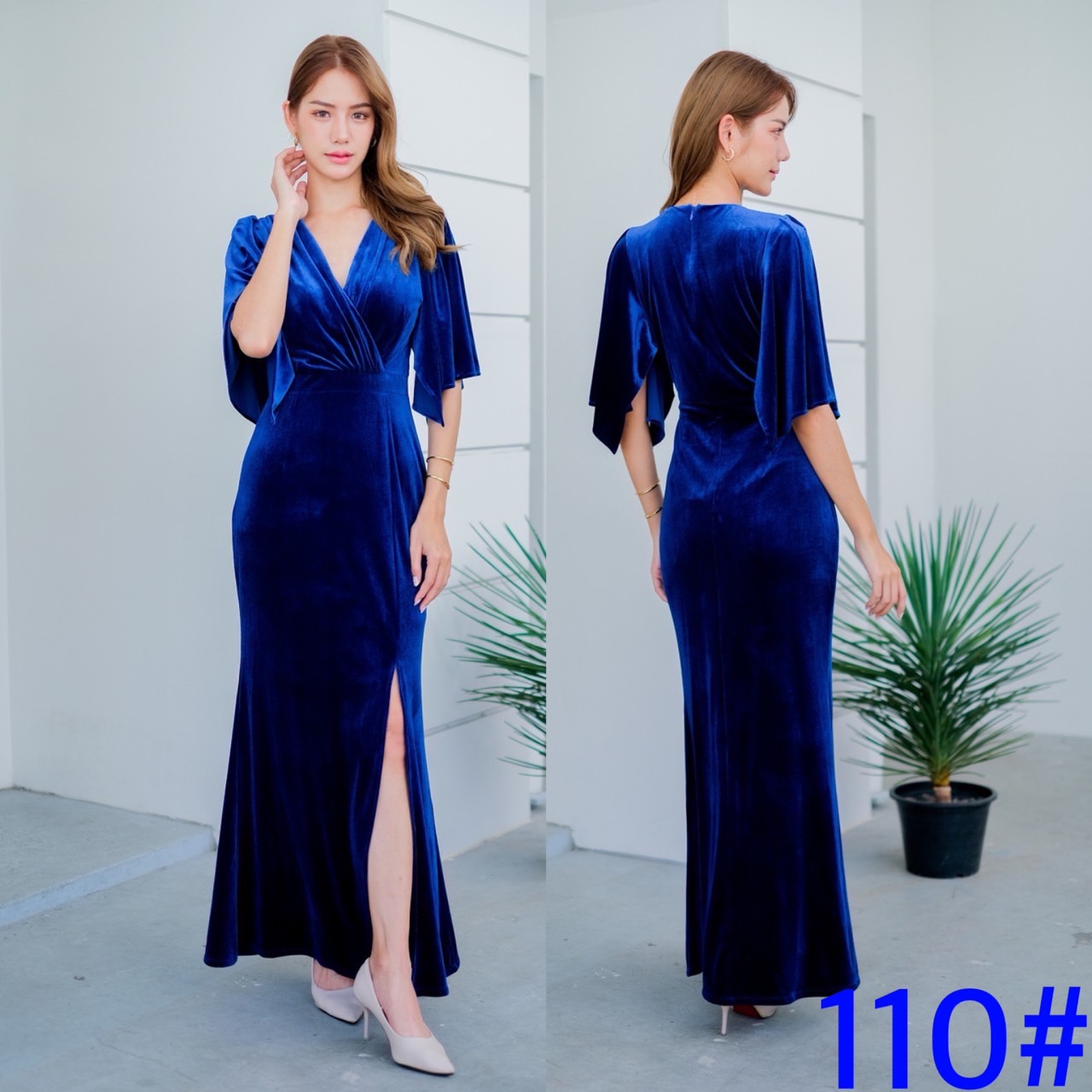 kudapy Maxi เดรสยาวสีดำ/สีแดงเบอกันดี/สีน้ำเงิน กำมะหยี่ นิ่มเนื้อหนา ดีเทลคอวี แขนระฆัง