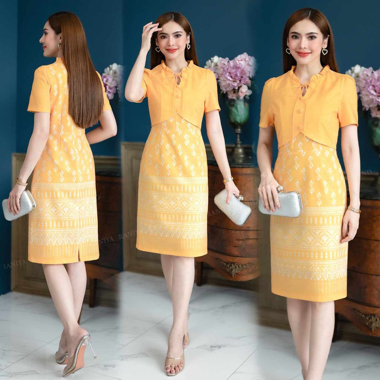 kudapy เดรสสั้นสีสกรม /สีม่วง /สีมัสตาร์ด /สีส้ม งานผ้าโพสลีแบบทอแต่งกั๊กพิมพ์ลายขอ มีซับในและชิปหลังใส่สบาย