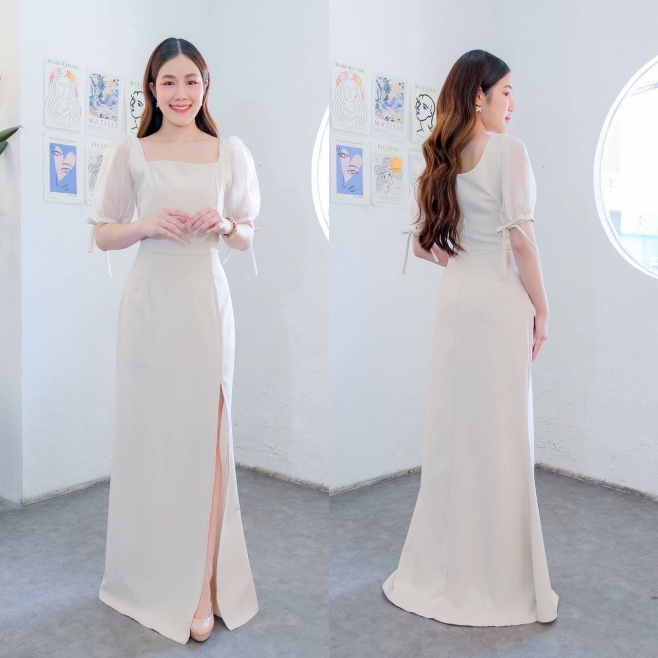 kudapy เดรสยาวสีฟ้าคราม/สีครีม คอเหลี่ยม แขนตุ๊กตา ผ้า organza ปรับขยายไซส์แขนได้ กระโปรงหางปลาผ่าหน้า