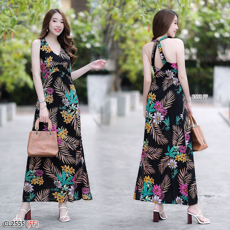 kudapy เดรสยาวสีขาว/สีดำๅสีกรม ลายใบมะพร้าว ผ้าสปันนิ่มๆคอวี ดีเทลด้านหลังไขว้น่ารักมาก