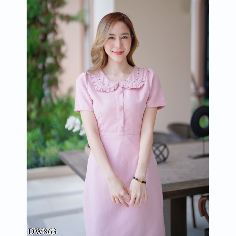 kudapy เดรสสั้นคอปกสีฟ้า/สีชมพู/สีเหลือง ใส่ทำงานผ้าลูกฟูกมีกระดุมกลางอกสวยดูดีคุณหนู