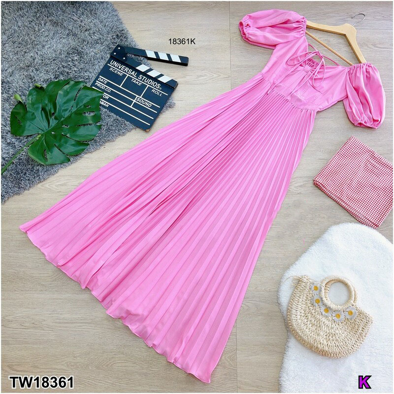 kudapy เดรสยาวแขนพอง สายผูกคอ กระโปรงอัดพลีท เดรสไปทะเลพริ้วๆ