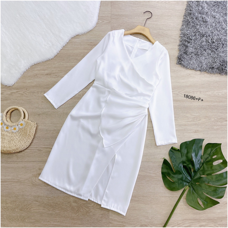 kudapy เดรสแขนยาวสีพื้น แต่งจีบ ผ่าหน้า ชุดออกงาน ชุดเพื่อนเจ้าสาว เดรสงานแต่ง ใส่ไปเที่ยวสวยดูดี