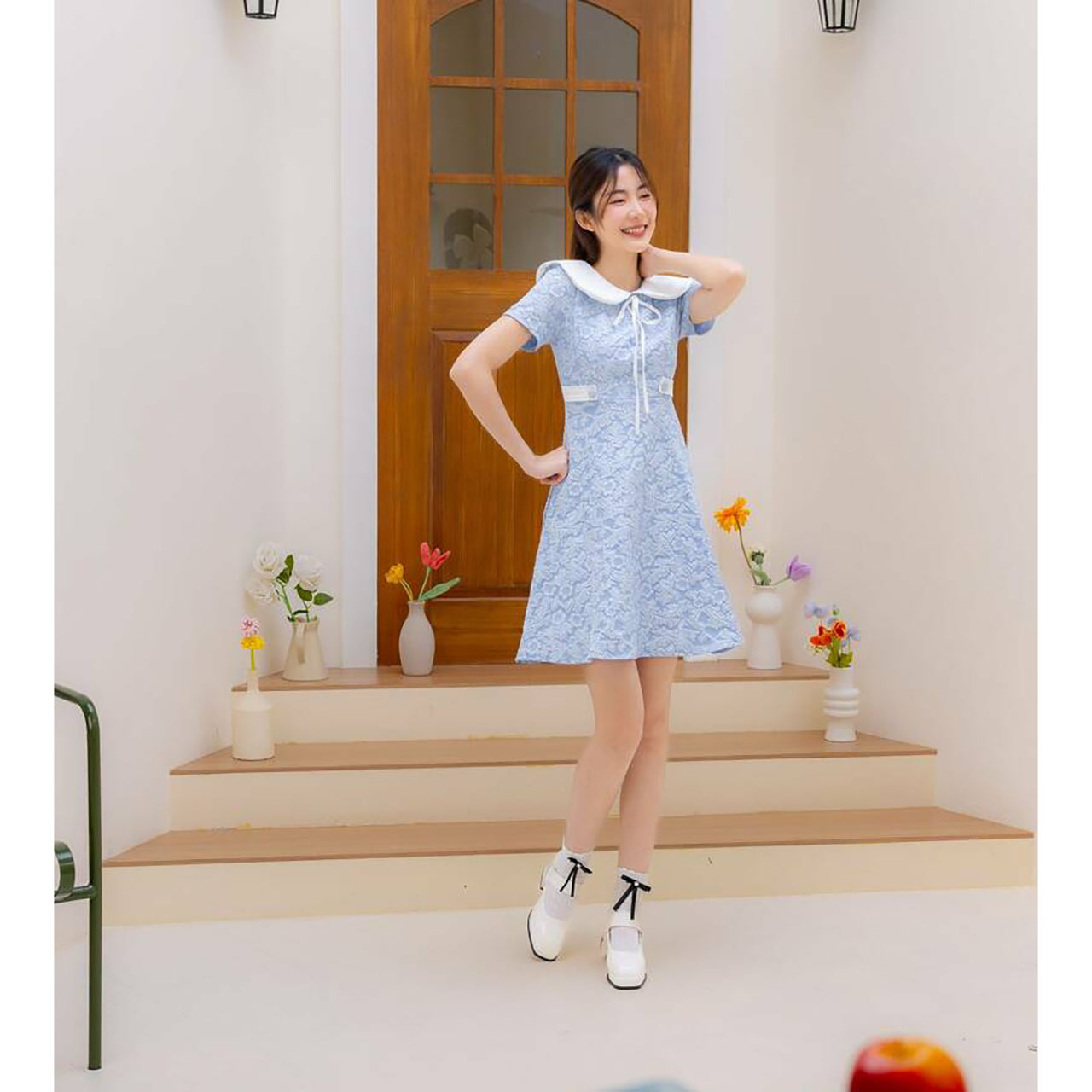 kudapy เดรสสั้นสีชมพู สีน้ำตาล สีฟ้า คอปกแจคกาดคาดเอว