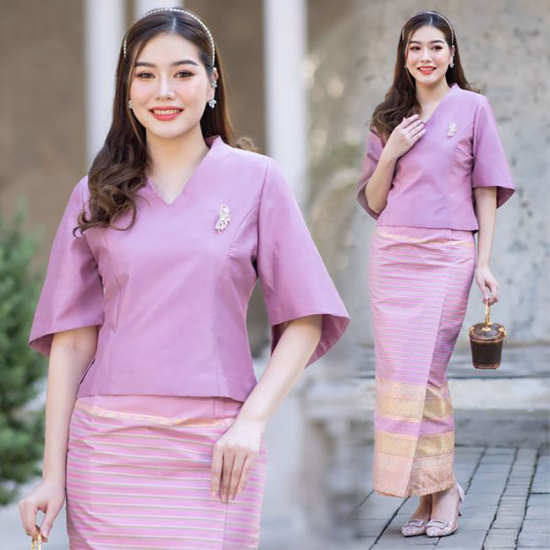 kudapy ชุเซ็ทเสื้อผ้าไหมแพรทิพย์เกรดพรีเมี่ยมอัดกาว ผ้าถุงเย็บสำเร็จทอลายอัดกาว ตะขอซิปหลัง