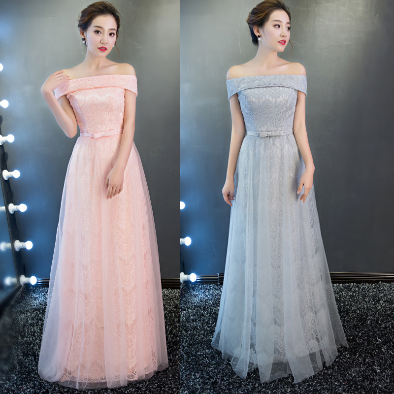 kudapy ชุดราตรียาวสีชมพู,สีเทา สำหรับสาวไซส์ใหญ่ แบบปาดไหล่ ลูกไม้หรูใส่ออกงานกลางคืน งานพรอม กระโปรงตาข่าย