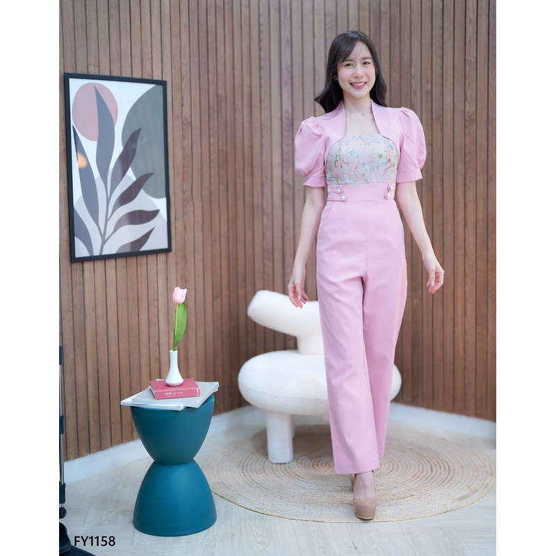 kudapy จั๊มสูทขายาวสีชมพู/สีน้ำตาล อกผ้าทอสวยดูดีใส่ออกงานน่ารักมากๆ