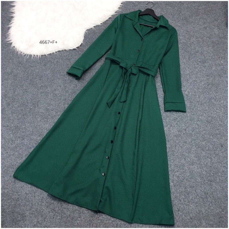 kudapy Maxi Dress แม็กซี่เดรสเชิ้ตแขนยาว สีพื้น งานเชิ้ตแต่งคอปกกระดุมช่วงหน้ายาวข้างเอวเย็บติดสายผูกเอว