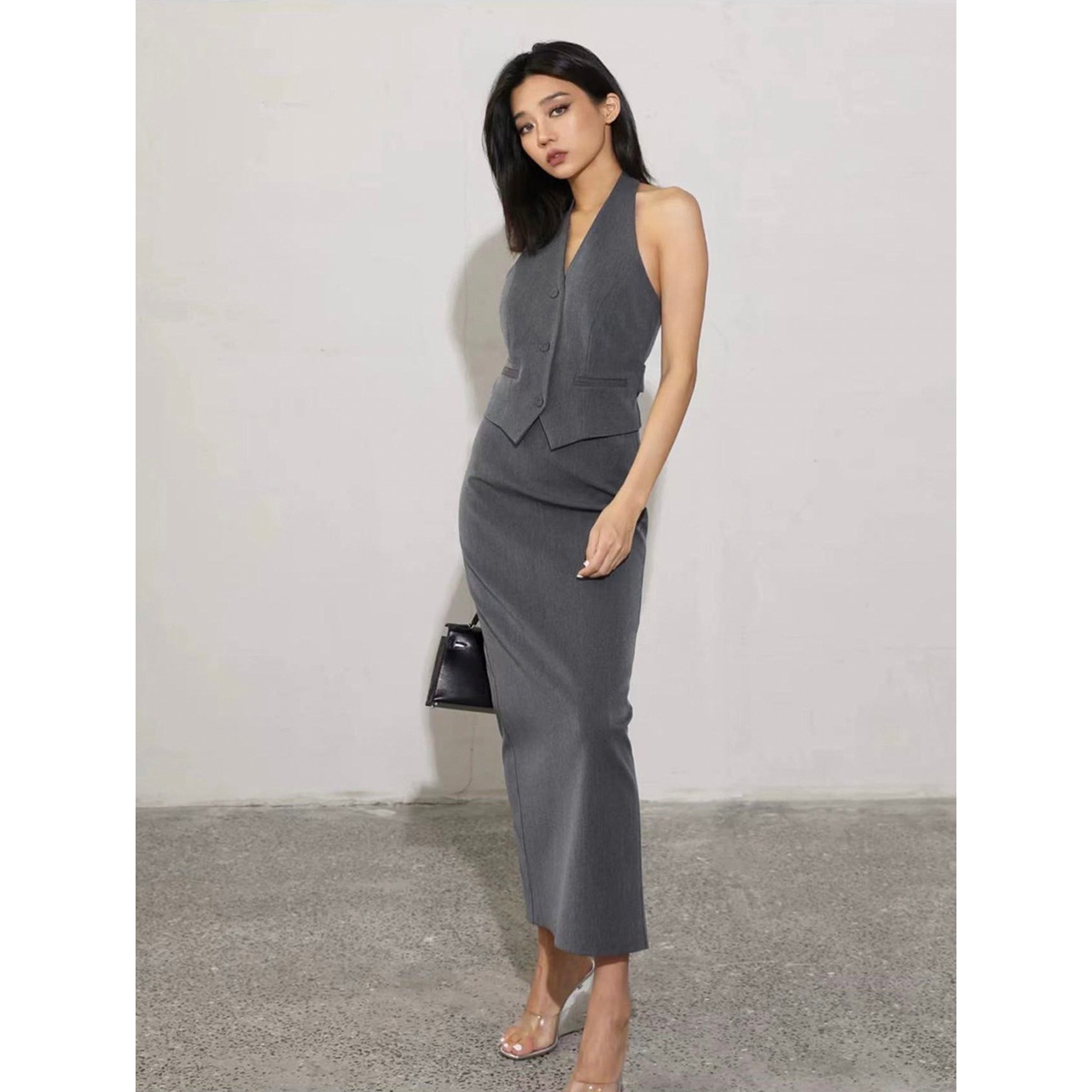 kudapy เซ็ท3ชิ้น เสื้อ Top+กระโปรงยาว+เสื้อสูท Top เป็นเสื้อกั้กกระดุมจริงด้านหน้า เว้าหลัง กระโปรงยาวซิปด้านหลังมีซับในอย่างดี