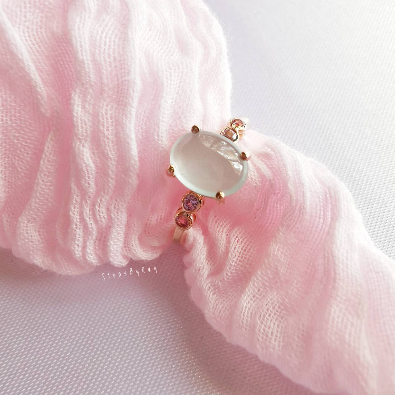 แหวนเงินชุบพิ้งโกลด์พลอยอความารีน+พิ้งแซฟไฟร์ Aquamarine+Pink Sapphire