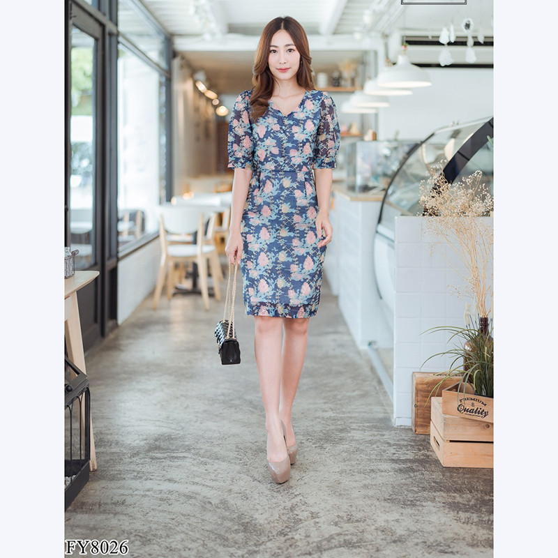 kudapy เดรสสั้นสีโอรส/ฟ้า/กรม เข้ารูปผ้าปักทองสวยดูดีใส่สบาย