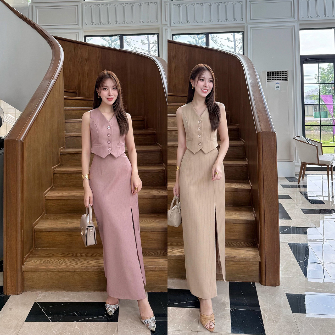 kudapy ชุดเซ็ทสีชมพูกะปิ/สีชมพูนู้ด/สีครีม ลายริ้วเสื้อแขนกุด+กระโปรงยาวผ่าหน้า สวยเกร๋มาก
