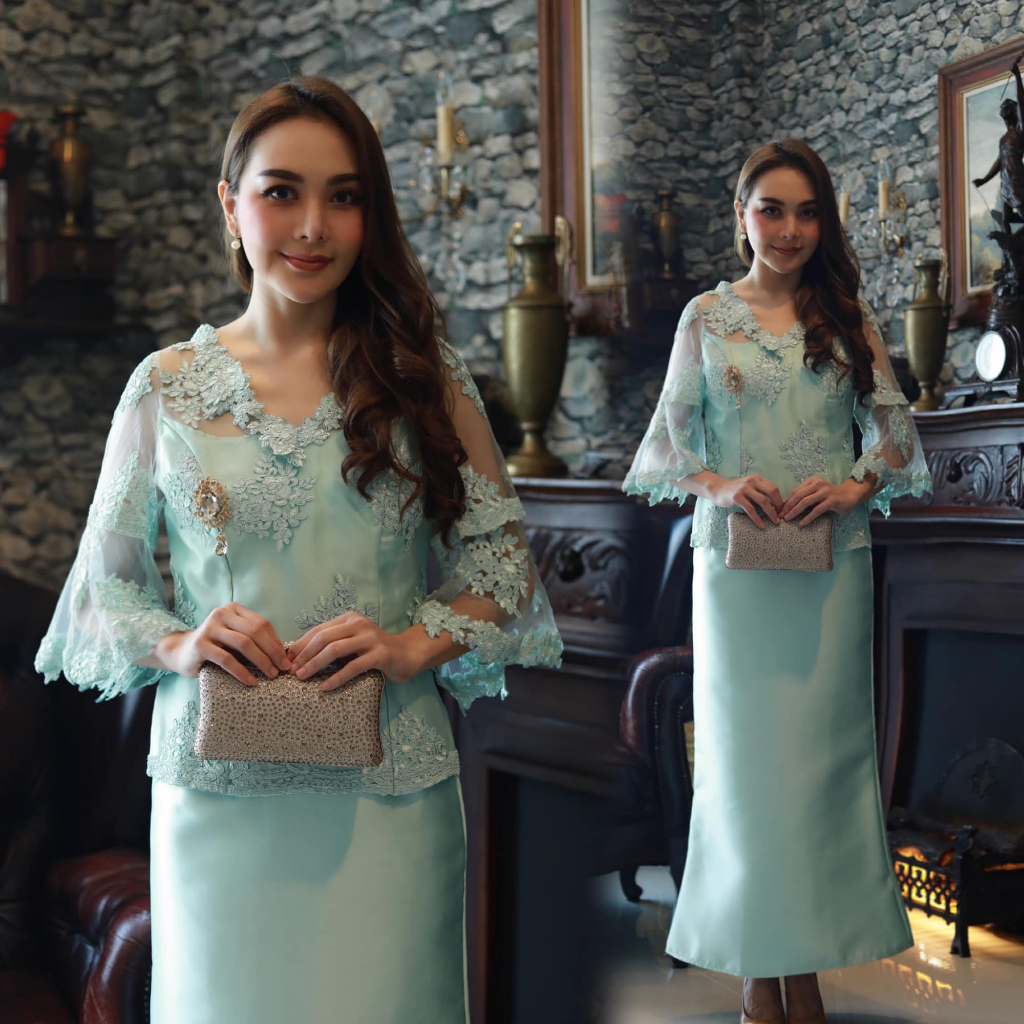 kudapy เซทเสื้อแขนระบาย+กระโปรงผ้าไหมอิตาลี ทรงหางปลา สวยมาก