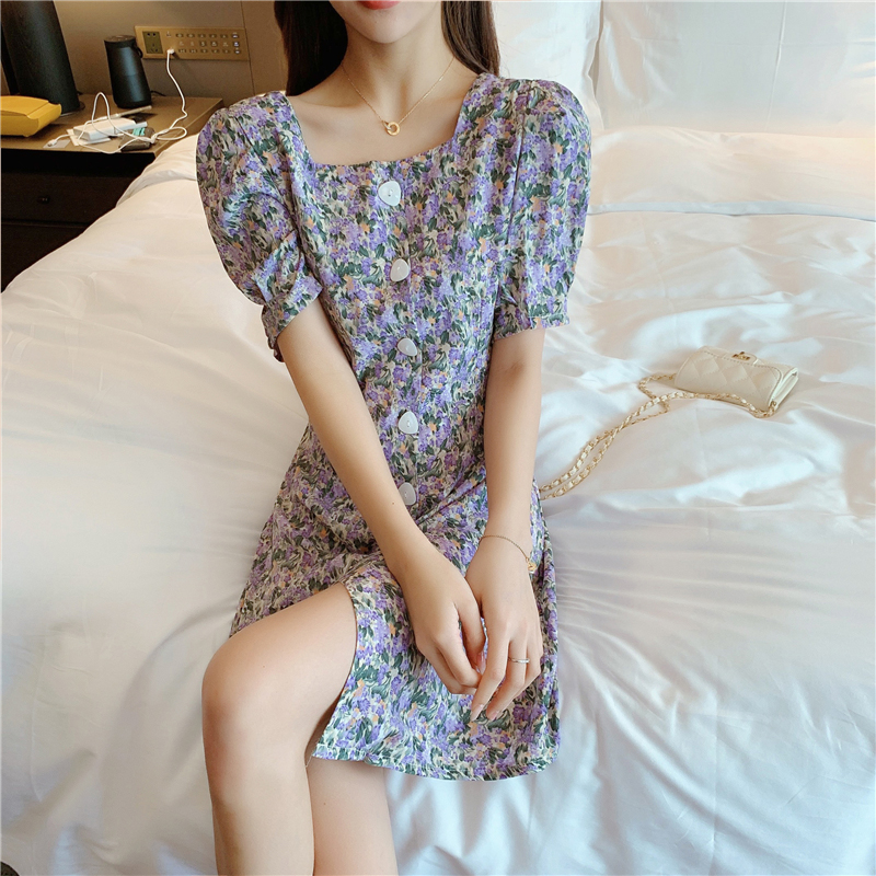 kudapy ชุดเดรสสีม่วง,สีเหลืองมัสตาร์ดใส่ทำงาน ผ้าโพลีเอสเตอร์ผสม พิมพ์ลายดอกไม้