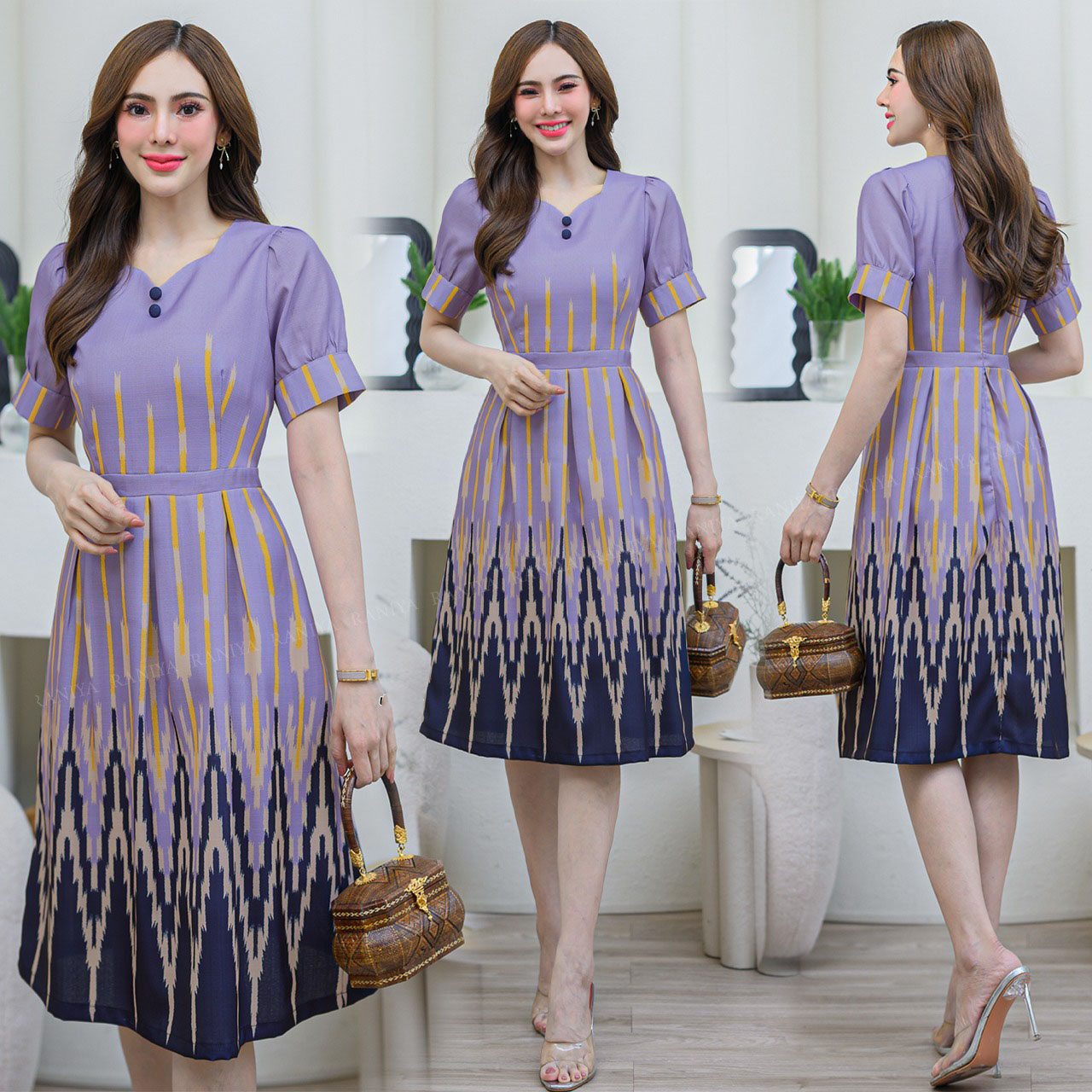 kudapy ชุดเดรสผ้าโพลีแบบทองานพิมพ์ลายเก๋ๆ คอเหลี่ยมเนื้อผ้าไม่แข็งและไม่บาง