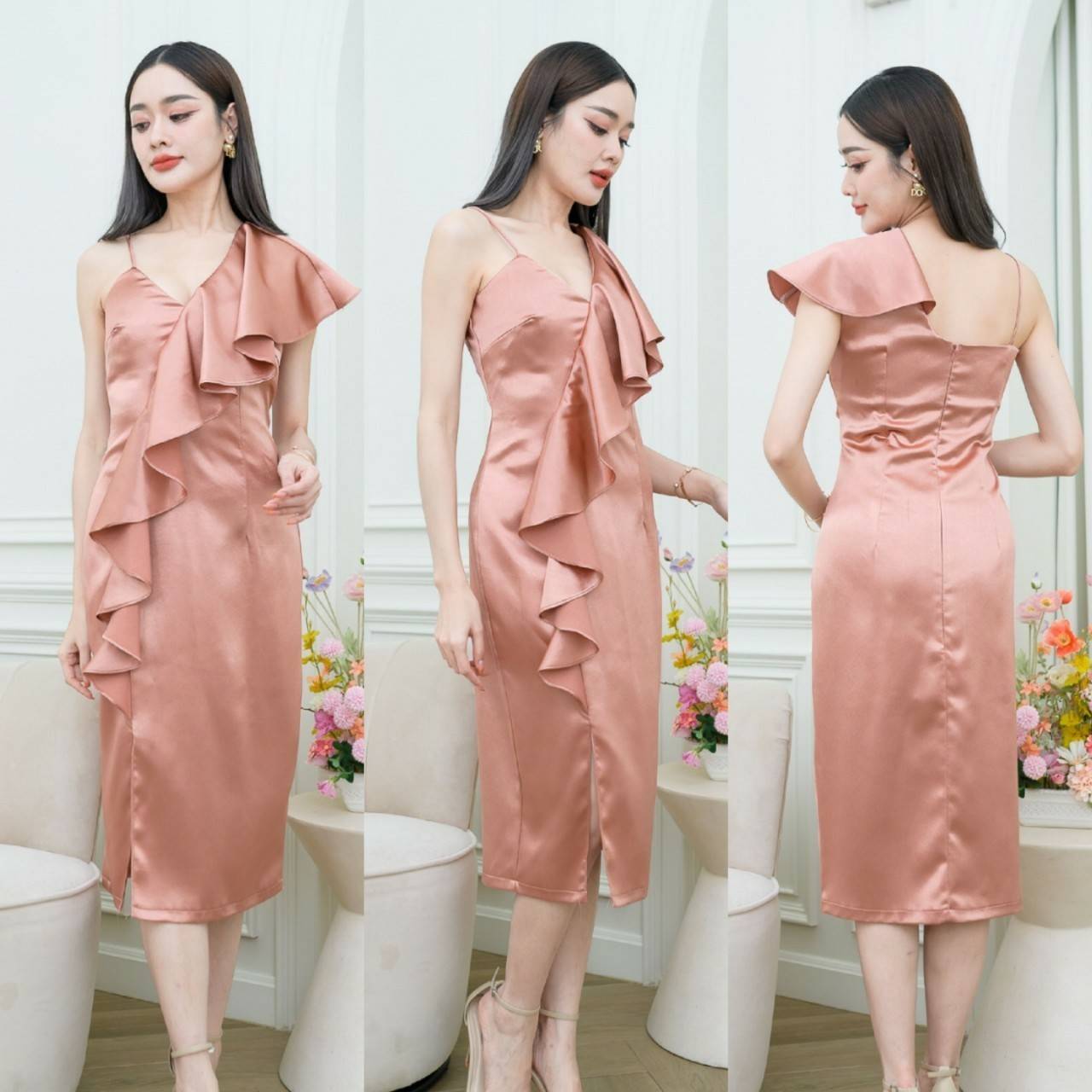 kudapy เดรสออกงานไหล่เดี่ยว แต่งระบาย เดรสสั้นใส่ออกงาน