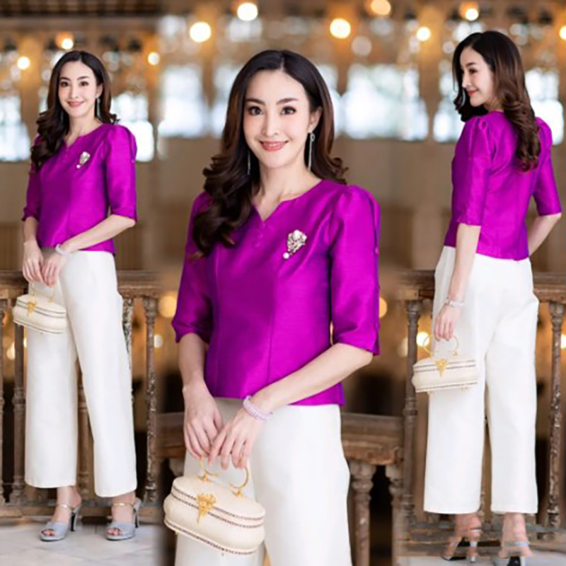 kudapy เสื้อผ้าไหม เขียวมรต บานเย็น ชมพูกลีบบัว แขน 4 ส่วนแต่งกระดุมด้านข้าง เอวปล่อย ชุดไทยประยุกต์