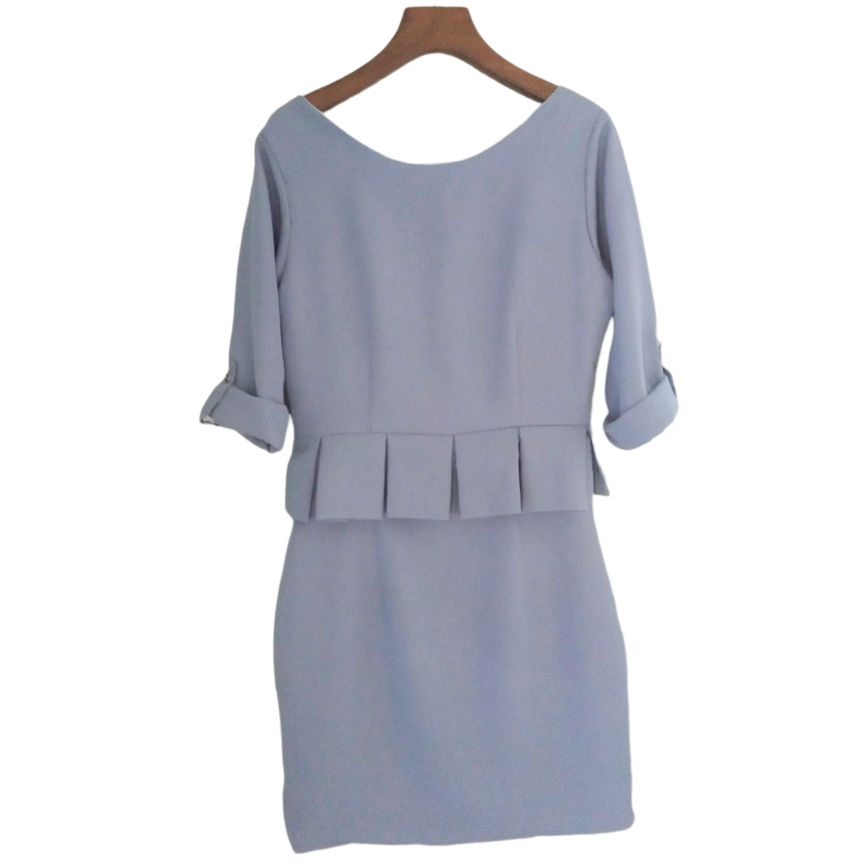 kudapy เดรสสั้นคอกลมแขนสามส่วนสีเขียวอ่อน ,สีเทาฟ้า แต่งระบายเอว กระโปรงทรงเอ เดรสสั้นใส่ทำงานสวยๆ