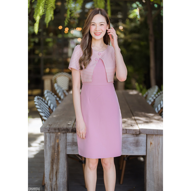 kudapy เดรสสั้นสีชมพู/สีครีม/สีน้ำตาล ใส่ทำงานผ้าโนริ ใส่สบายสวยดูดี