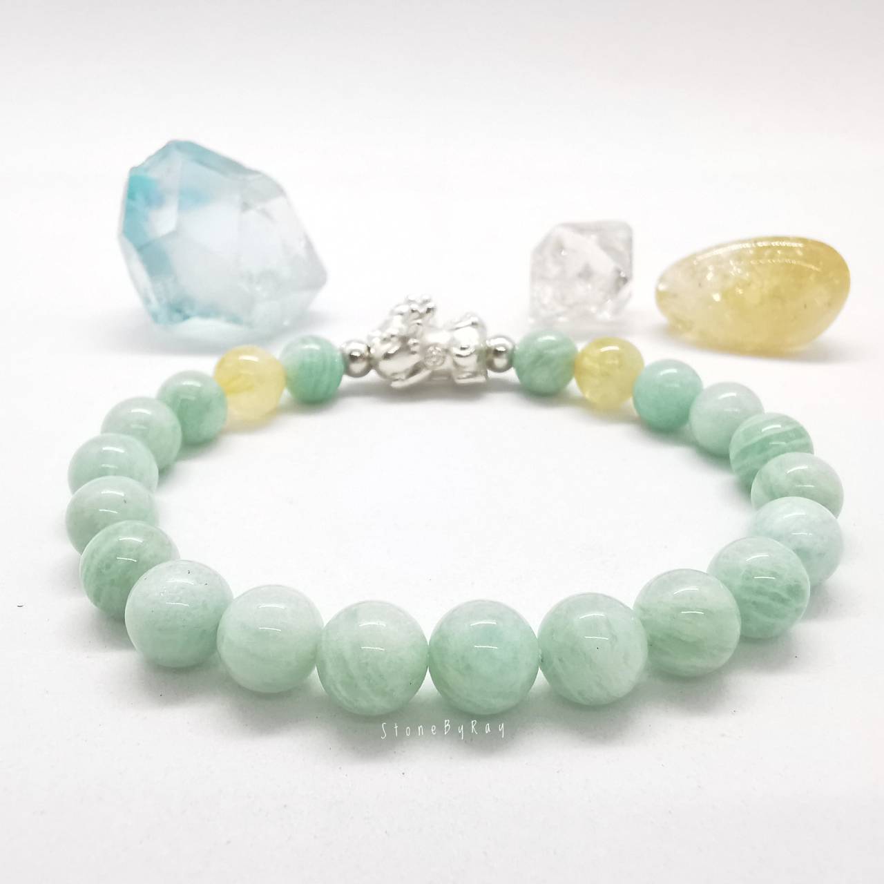 สร้อยข้อมือหินอมาโซไนท์สีมิ้นต์+เบบี้ปี่เซียะเงินแท้+ซิทริน