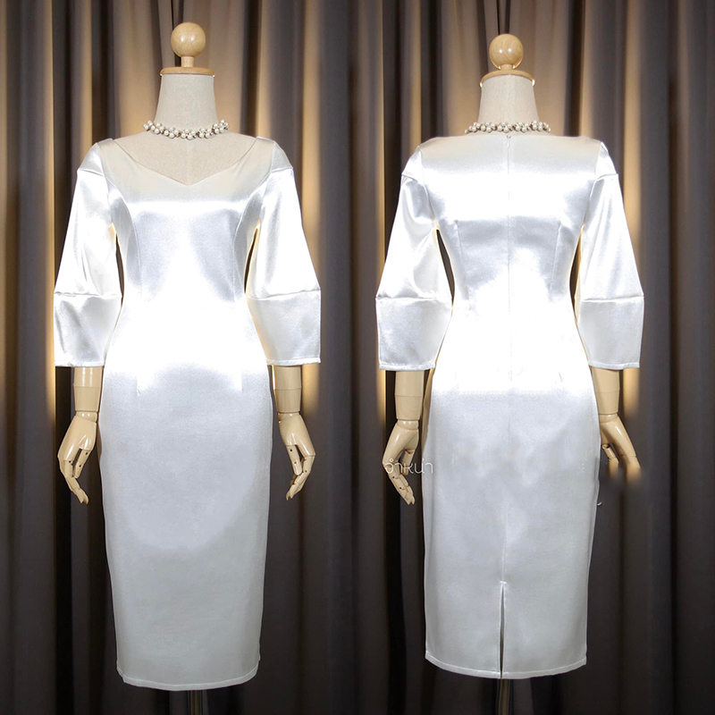 kudapy เดรสสั้นสีขาว/สีชมพูเข้ม/สีชมพูอ่อน/สีเขียวมิ้นท์/สีกรมท่า ทรงเรียบหรู ลัคชูรี่ลุคมากๆคอวี แขนศอก ใส่สบายกระโปรงสอบ ผ่าหลังเดินง่าย