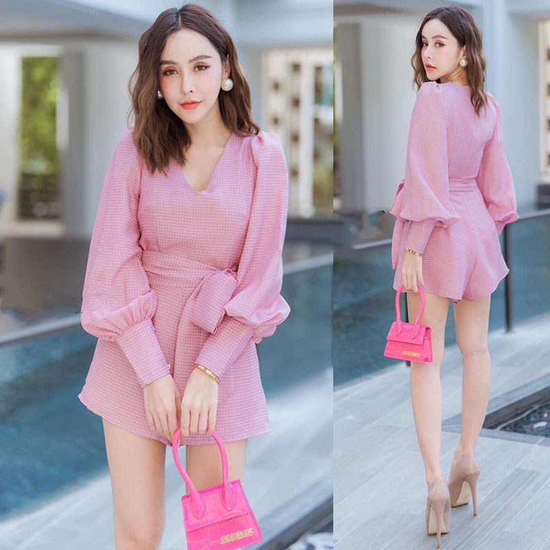 kudapy จั้มสูทสีชมพู น่ารัก สีชมพูสวย พิมพ์ลายจุดเล็กๆ