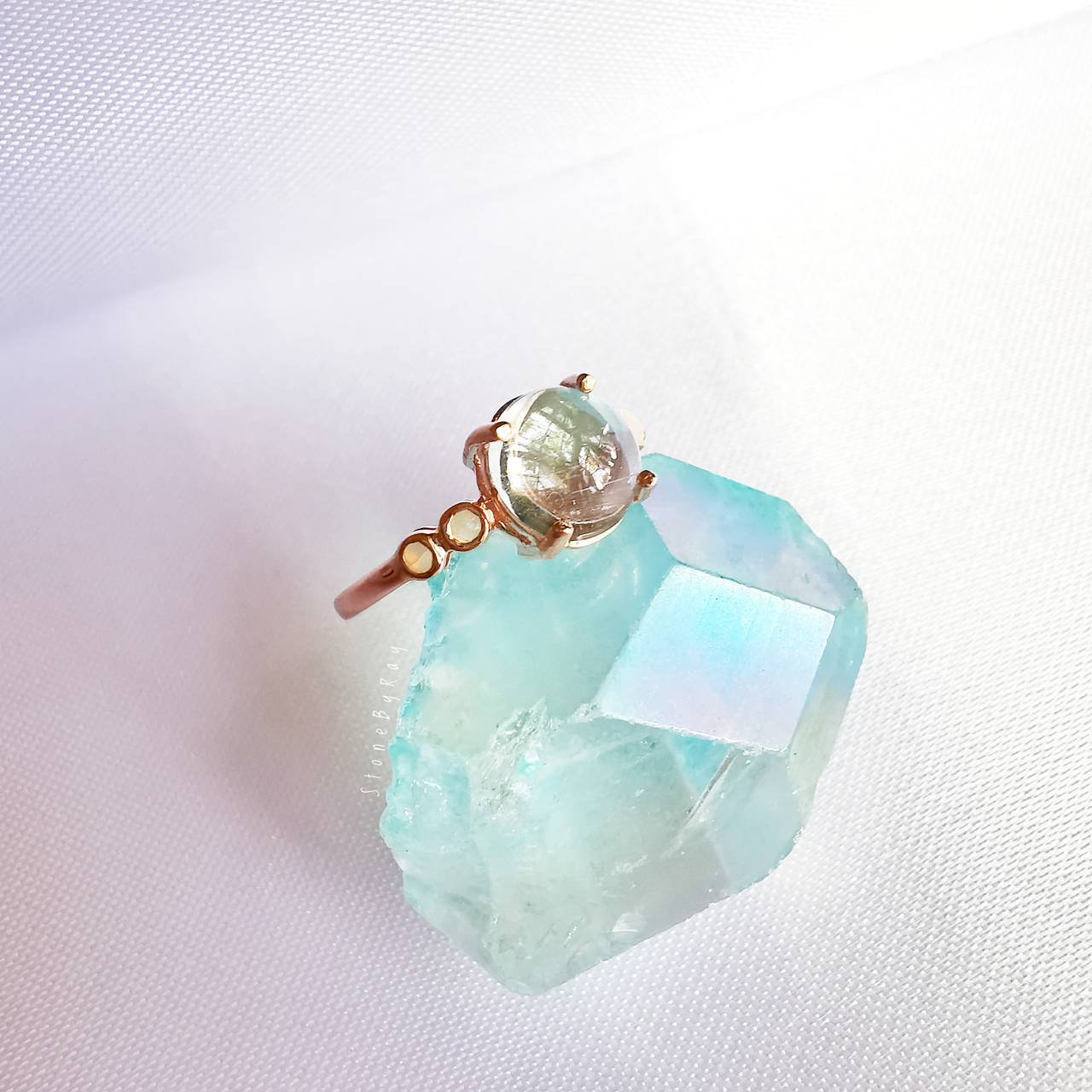 แหวนเงินชุบพิ้งโกลด์พลอยอความารีน+พลอยโอปอล Aquamarine+Opal