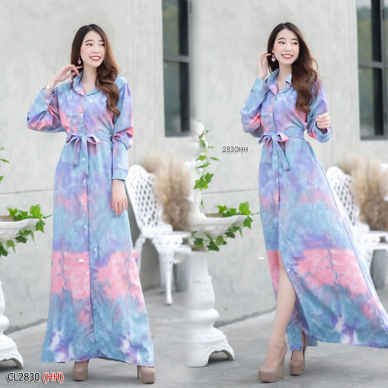 kudapy เดรสยาวสีม่วง/สีเหลือง/สีฟ้า/สีชมพู ผ้า 100D ลายมัดย้อมสีพาสเทล ผ้านิ่มทิ้งตัวใส่สบายสวยมาก