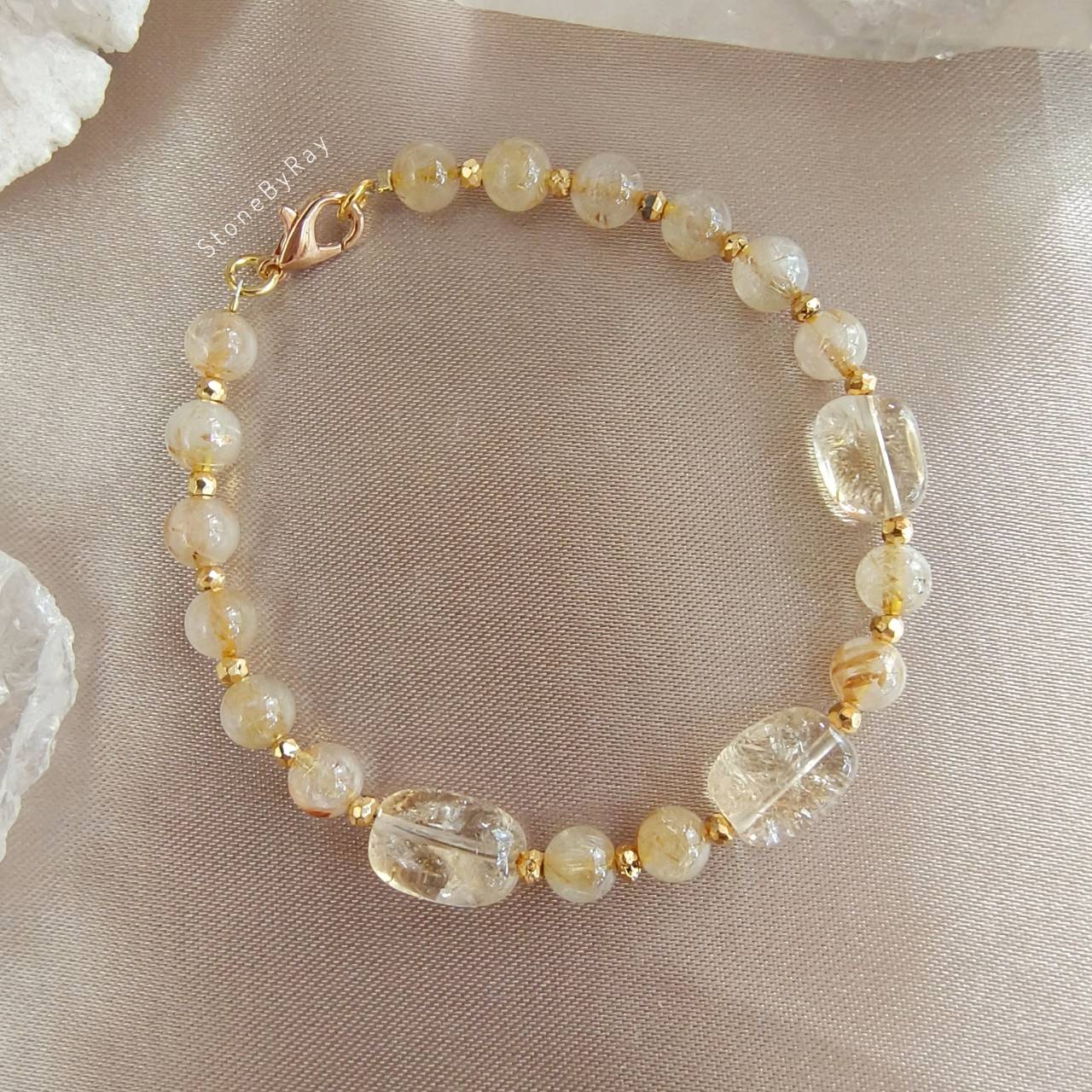สร้อยข้อมือหินซิทริน,หินไหมทอง,ไพไรต์ Citrine+Rutilated Quartz