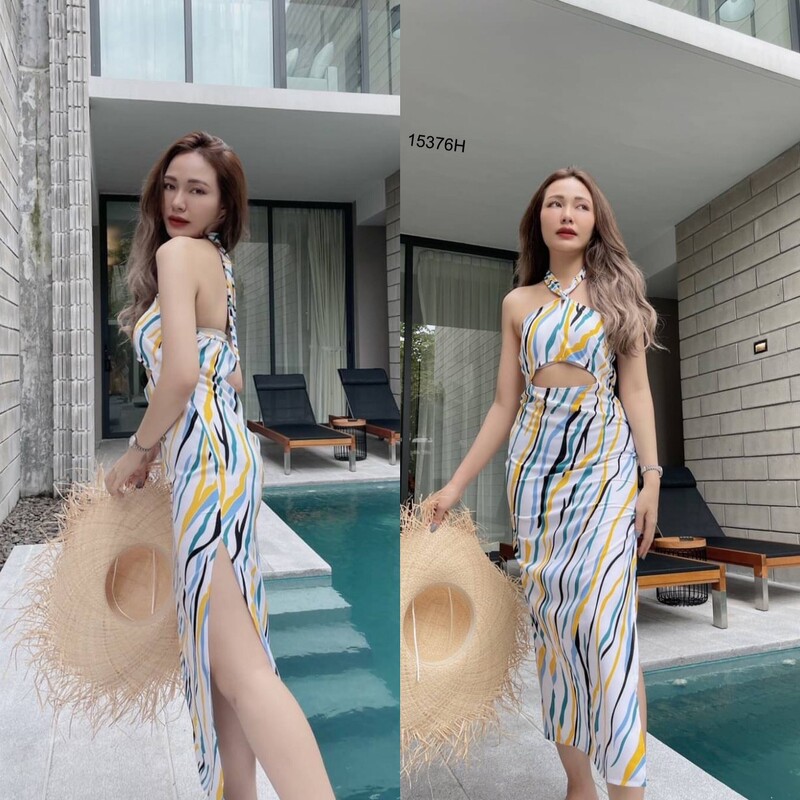 kudapy แม็กซี่เดรสยาวแขนกุดสีขาว/สีกรม ทรงเข้ารูปสายผูกคอเว้าช่วงหน้าท้องเบาๆซิปหลังพิมพ์ลายกราฟฟิก