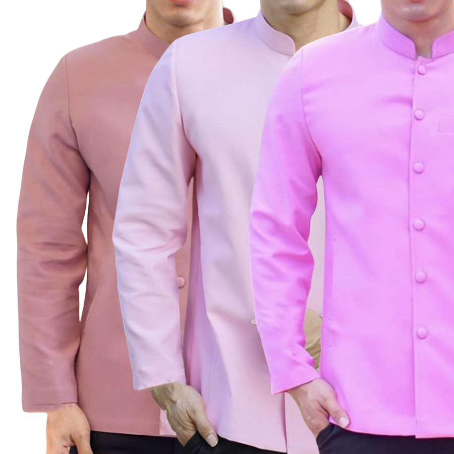 kudapy เสื้อผ้าไหมคอพระราชทานแขนยาว สีชมพูอ่อน ,สีชมพูกลีบบัว ,สีชมพูกะปิ เสื้อผ้าไทยผู้ชาย คอพระราชทาน ผ่าหน้า แขนสั้น มีกระเป๋าด้านซ้ายบน (อัดผ้ากาว มีฟองน้ำเสริมไหล่)