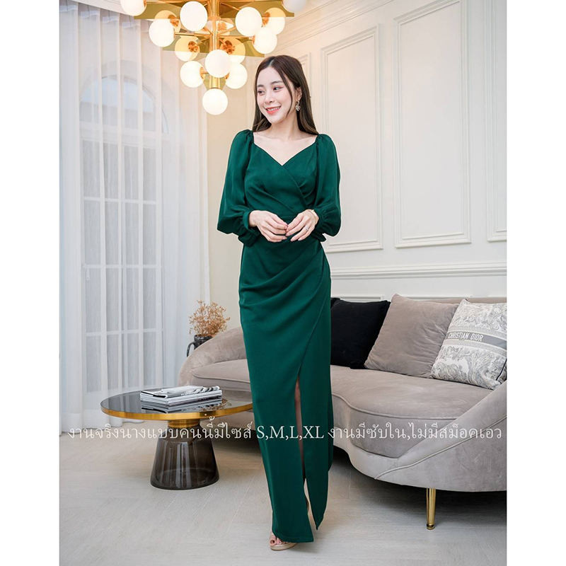 kudapy เดรสราตรีแขนยาวปาดคอวีสีแดง/สีเขียว/สีชมพู ผ่าสูงข้าง งานสวยคุ้มราคา ซิปหลังมีซับใน เริ่ดมากก