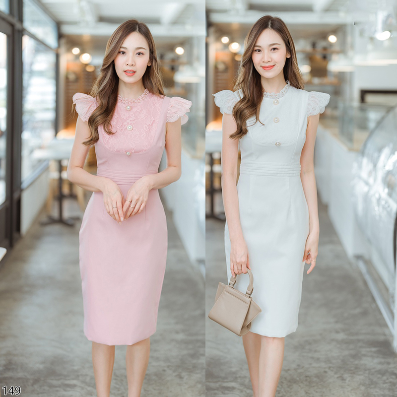 kudapy เดรสสั้นสีขาว/สีชมพู กระโปรงเข้ารูปแขนกุดระบายลูกไม้
