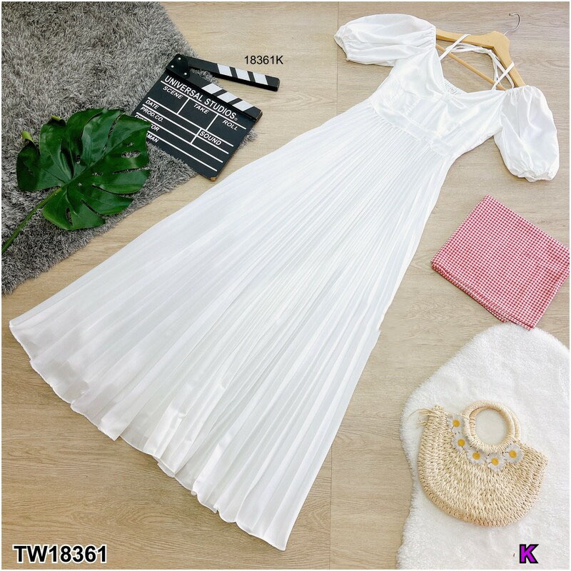 kudapy เดรสยาวแขนพอง สายผูกคอ กระโปรงอัดพลีท เดรสไปทะเลพริ้วๆ