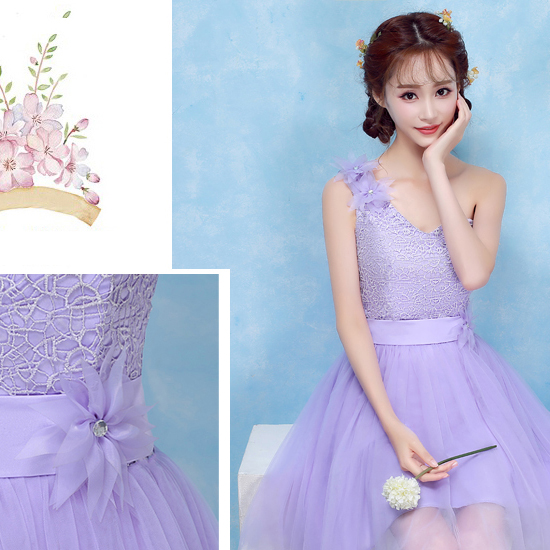 kudapy ชุดราตรีสั้นสีม่วง ไหล่เฉียง ประดับดอกไม้ติดเพชร มีซับใน เกาะอกอย่างดี