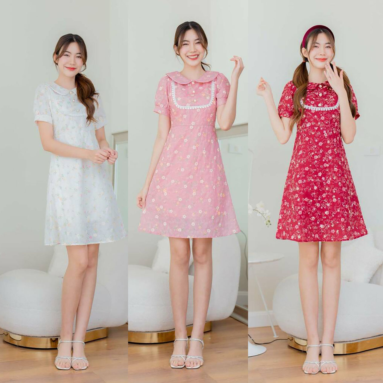 kudapy เดรสสั้นสีขาว/สีชมพู/สีแดง ทรงบานลายดอกคอกปก