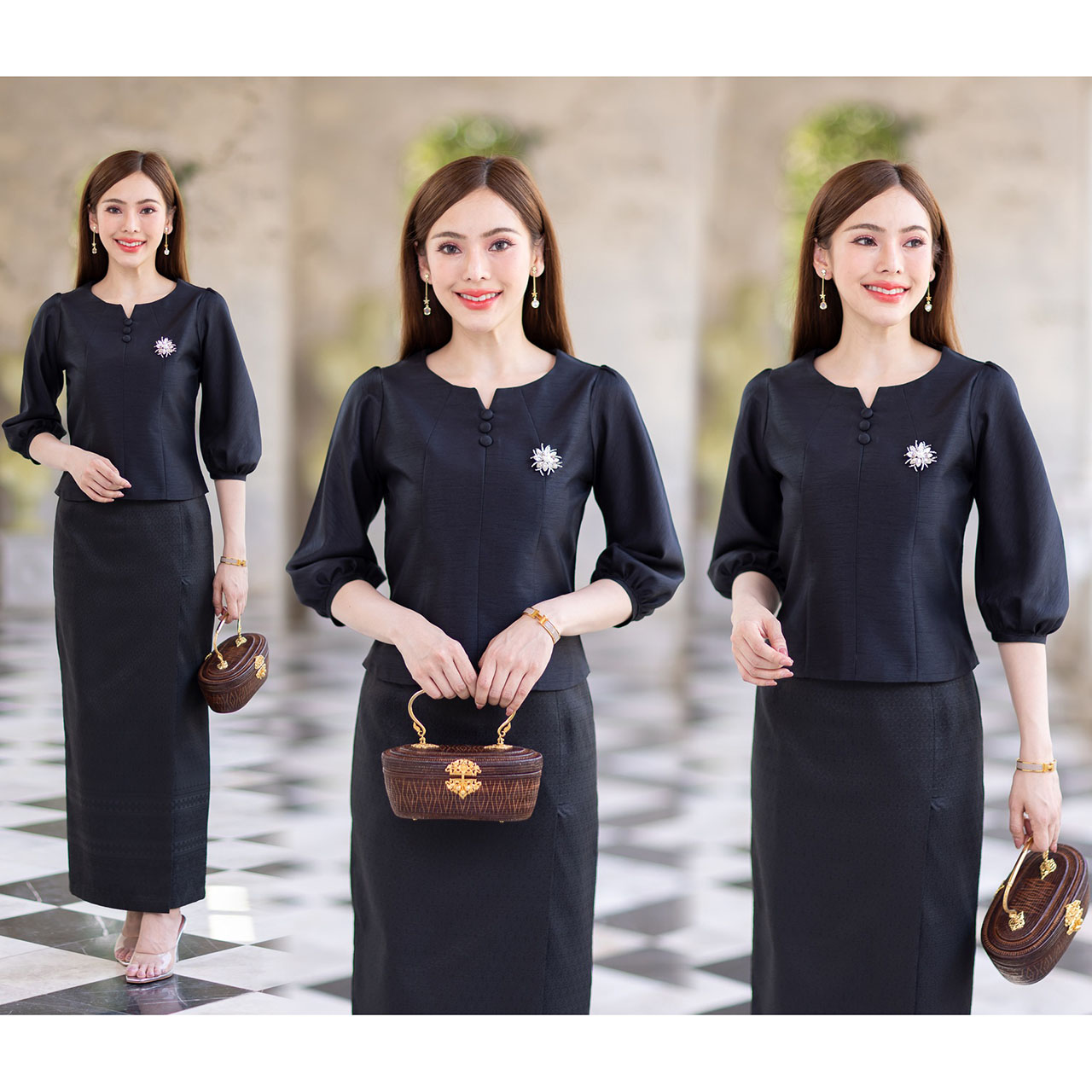 kudapy เสื้อผ้าไหม4เส้นสีดำ/สีทอง เนื้อผ้าทอสวย แต่งกระดุม เนื้อเบาสบาย ใส่สบายผิว มีลายเส้นในตัว (เฉพาะเสื้อ)