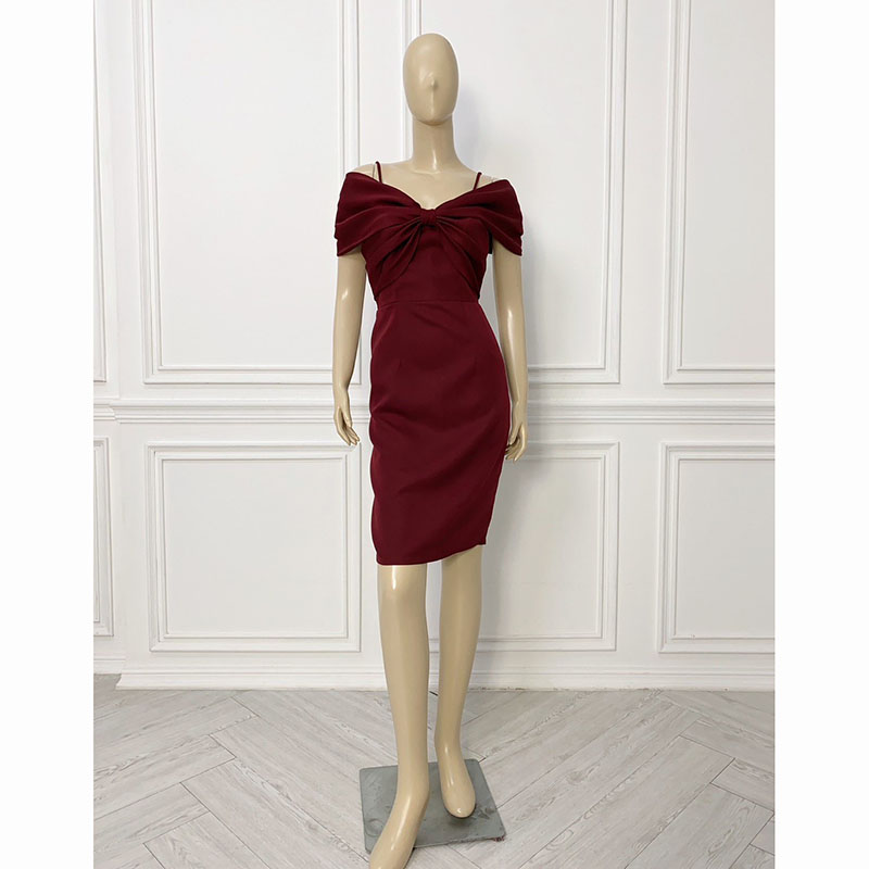 kudapy เดรสสั้นสีน้ำตาล/สีแดงเลือดหมู/สีชมพู ออกงานแต่งโบว์ปาดไหล่ ทรงสวยใส่แล้วเพรียวสุด งานผ้าบาบี้เนื้อหนาใส่สบาย ใส่ออกงาน ยกตีมเพื่อนเจ้าสาวสวยมาก