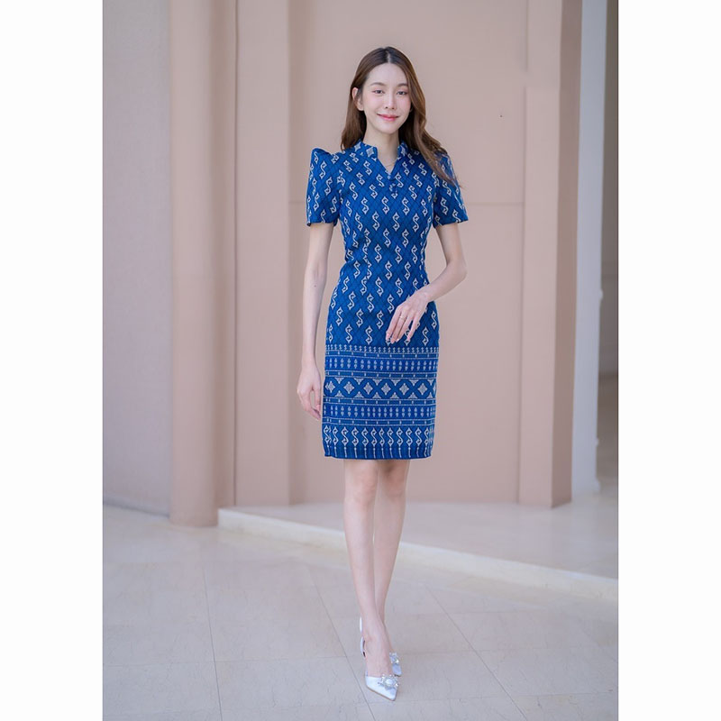 kudapy เดรสสั้นสีเทา/สีกรม/สีชมพู ผ้าไทยคอปีนลายขอ