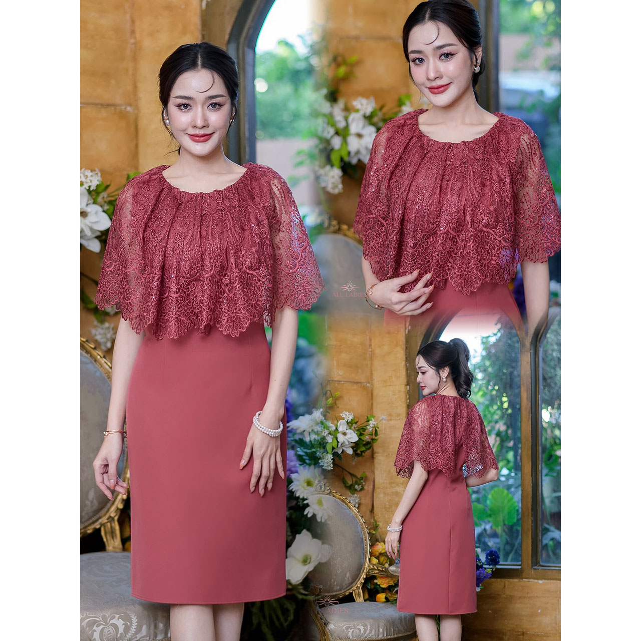 kudapy เดรสสั้นสีชมพู/สีฟ้าคราม/สีปูนแดง ข่วงเสื้อเป็นงานผ้าลูกไม้พรีเมี่ยม สวยหรู เนื้อผ้าทอลายอย่างดี ตกแต่งเลื่อมผ้าจริงสวยมาก