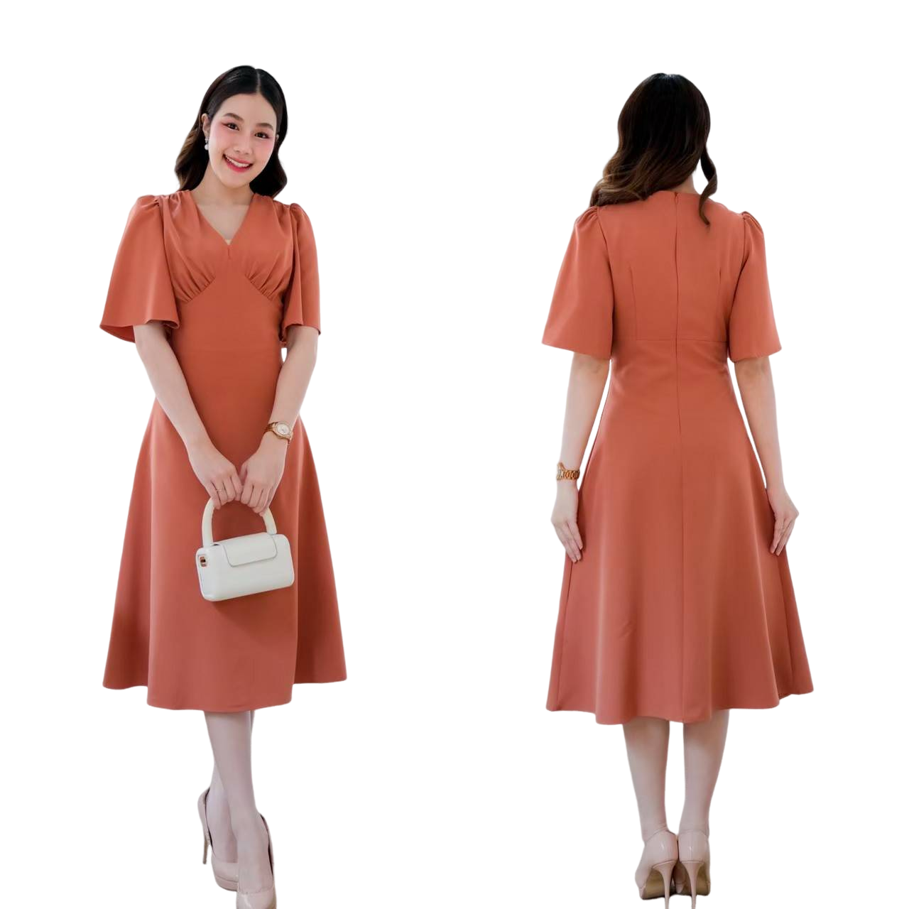 kudapy เดรสสั้นสีชมพูกลีบบัว,สีส้ม,สีครีม ,สีแดงเลือดหมู, สีขาว,สีน้ำเงินกรมท่า,สีเขียวมิ้นท์ คอวี แขนกระดิ่ง คัตติ้ง เอวสูงปรี๊ด กระโปรงบานตีเกร็ดเอว